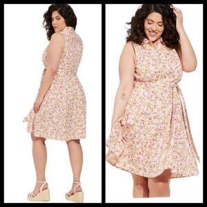 6X 30W Torrid Pink Ditsy Floral Poplin Shirt Dress Collared Belt Button Up Pocke